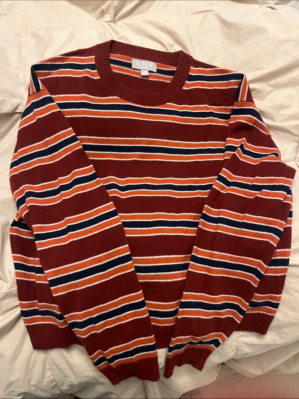 J. Crew Cashmere Rust Stripe Crewneck Sweater with Navy & Cream Accents
